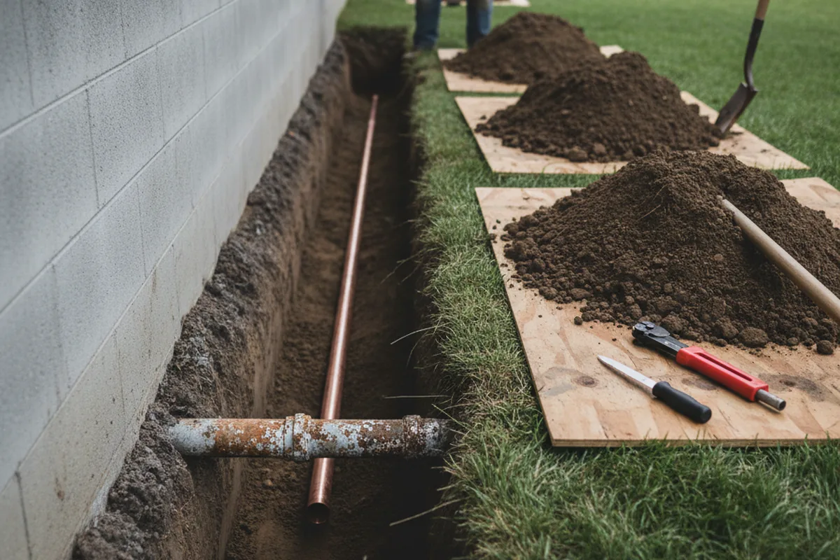 Excavated water line trench during Water Softener Installation in La Habra